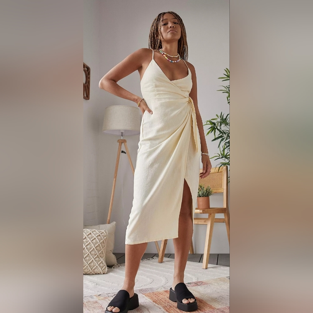 Urban Outfitters ‘Flashing Lights’ Linen Wrap Midi Dress Size Large - Picture 10 of 12